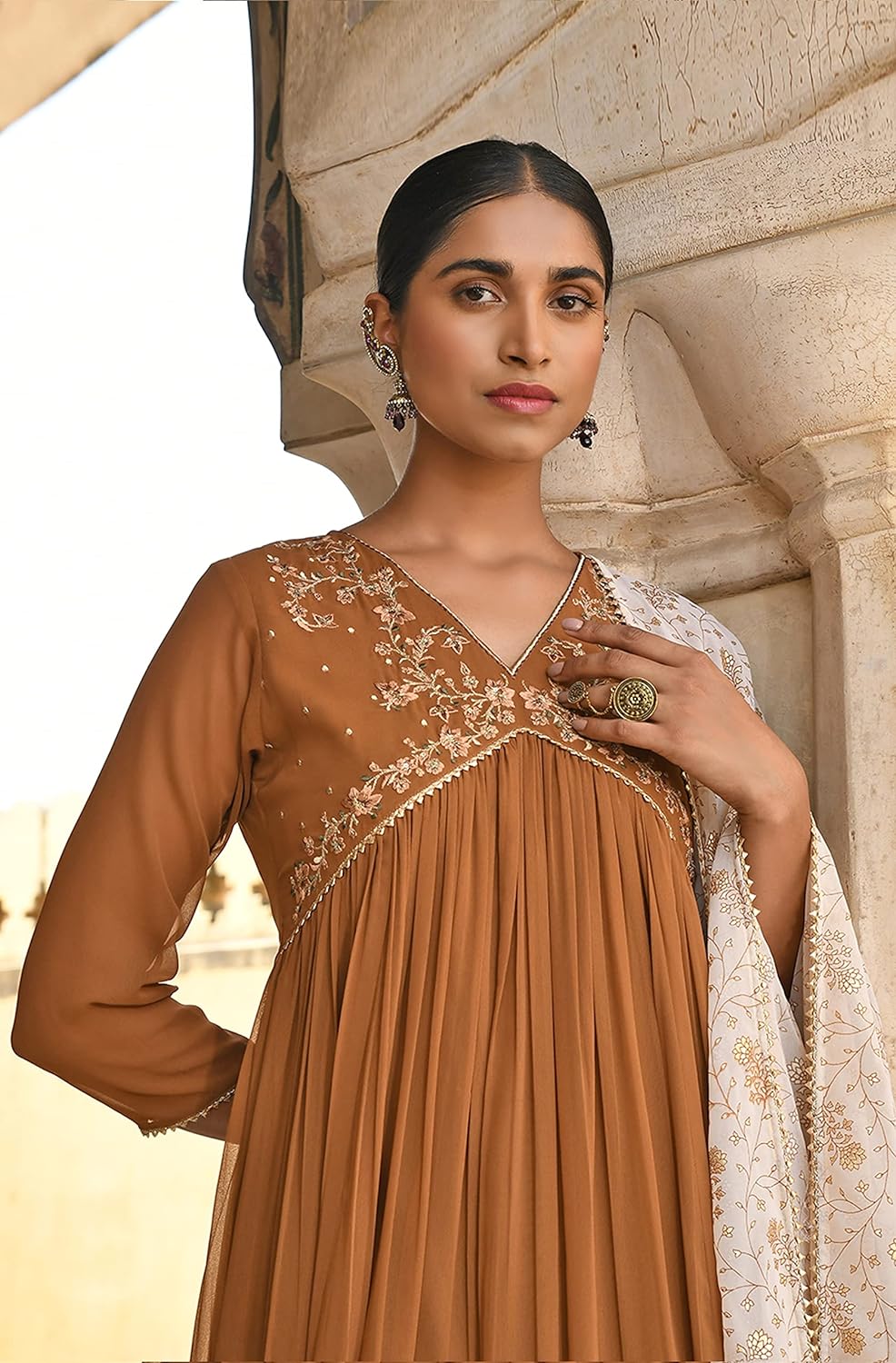 Janasya Women's Brown Georgette Floral Embroidery Kurta with Palazzo and Dupatta