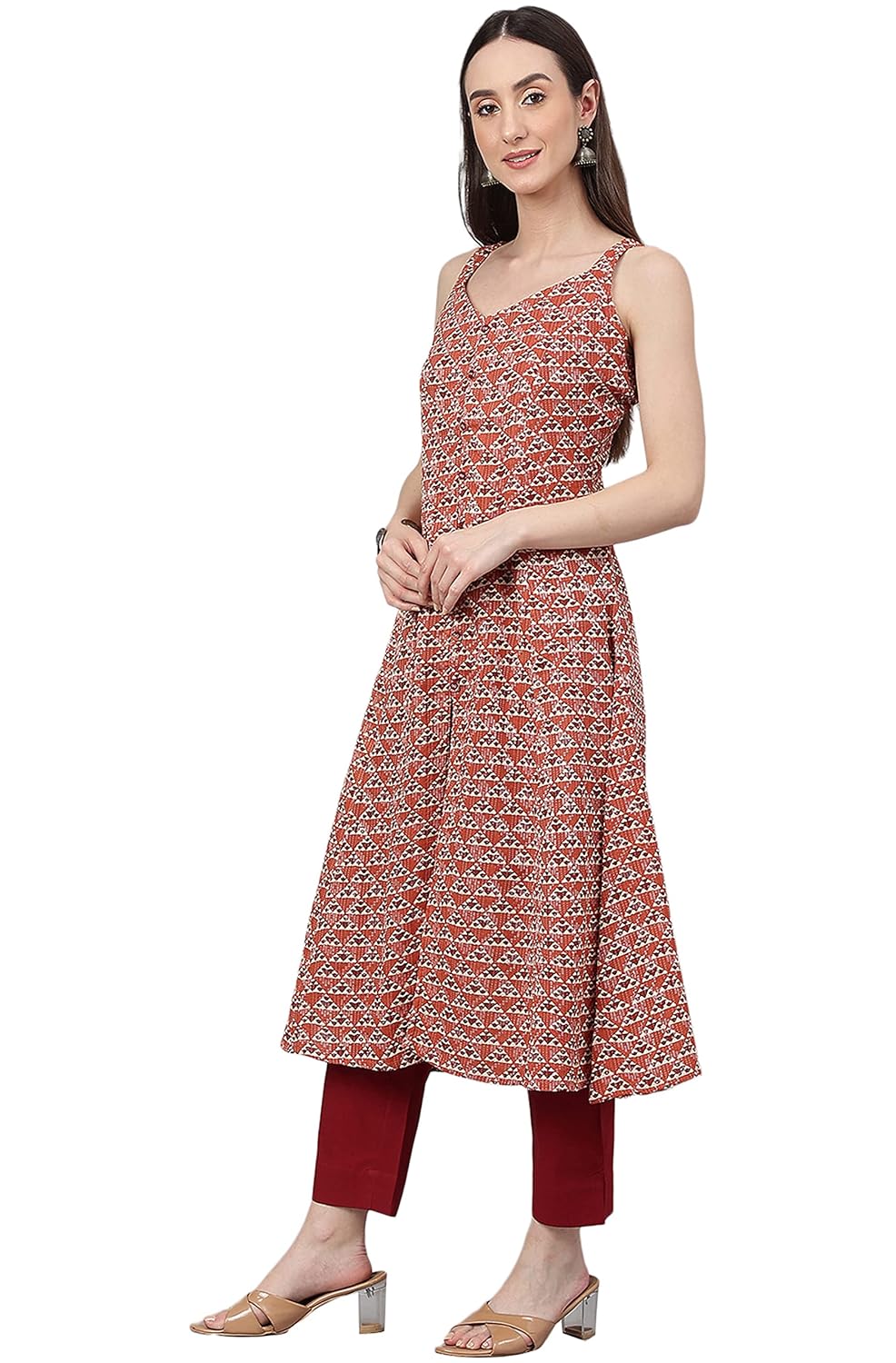 Janasya Women's Rust Cotton Geometric A-line Kurta