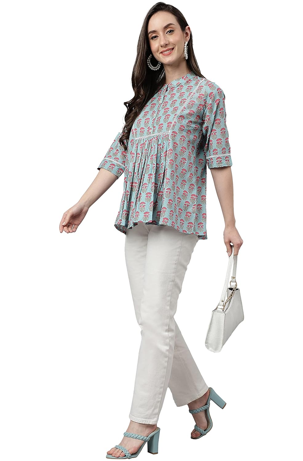 Janasya Women's Aqua Blue Cotton Block Print A-Line Top