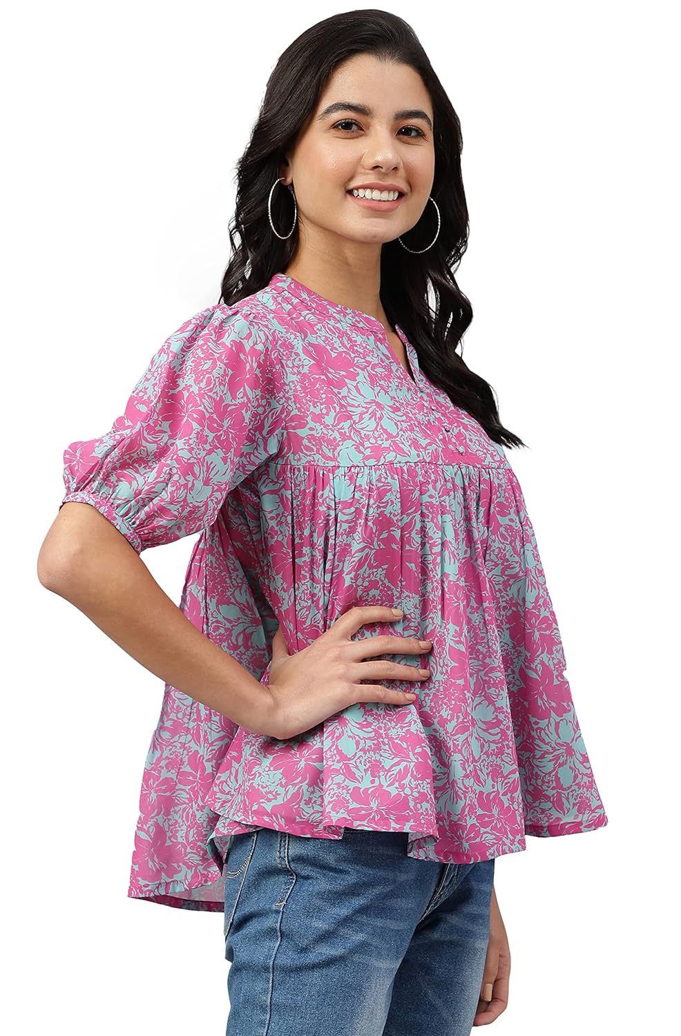 Janasya Women's Pink Georgette Digital Print Flared Top
