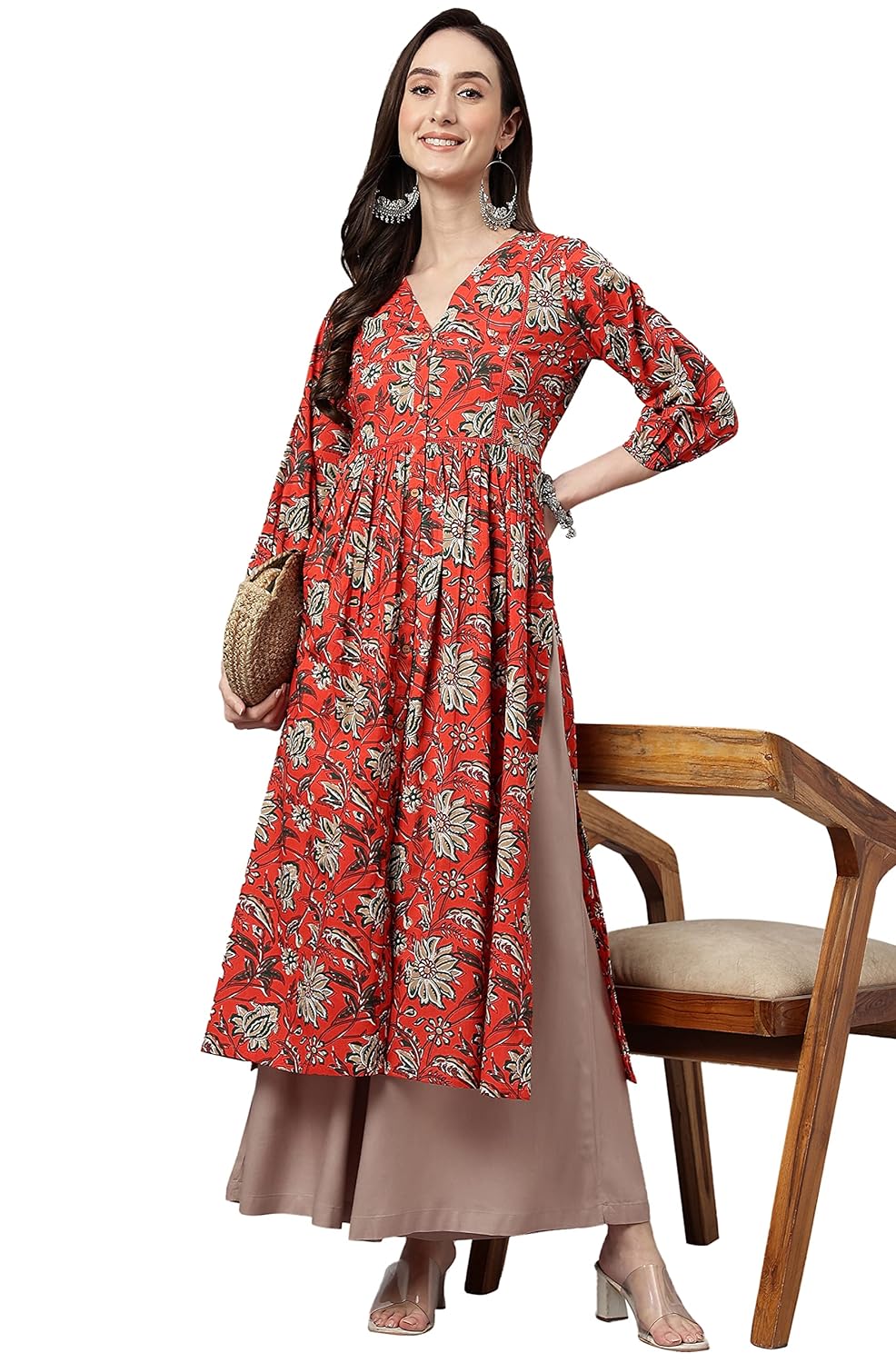 Janasya Women's Rust Orange Cotton Floral Print Gathered Kurta