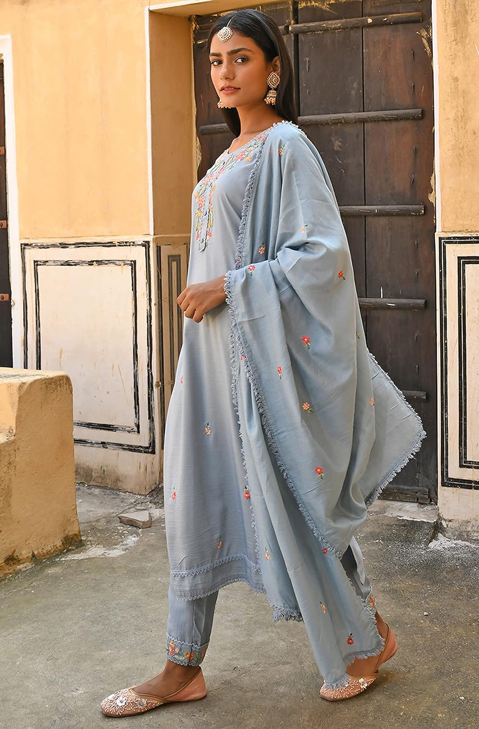 Janasya Women's Mint Blue Poly Silk Floral Embroidery Kurta with Pant and Dupatta