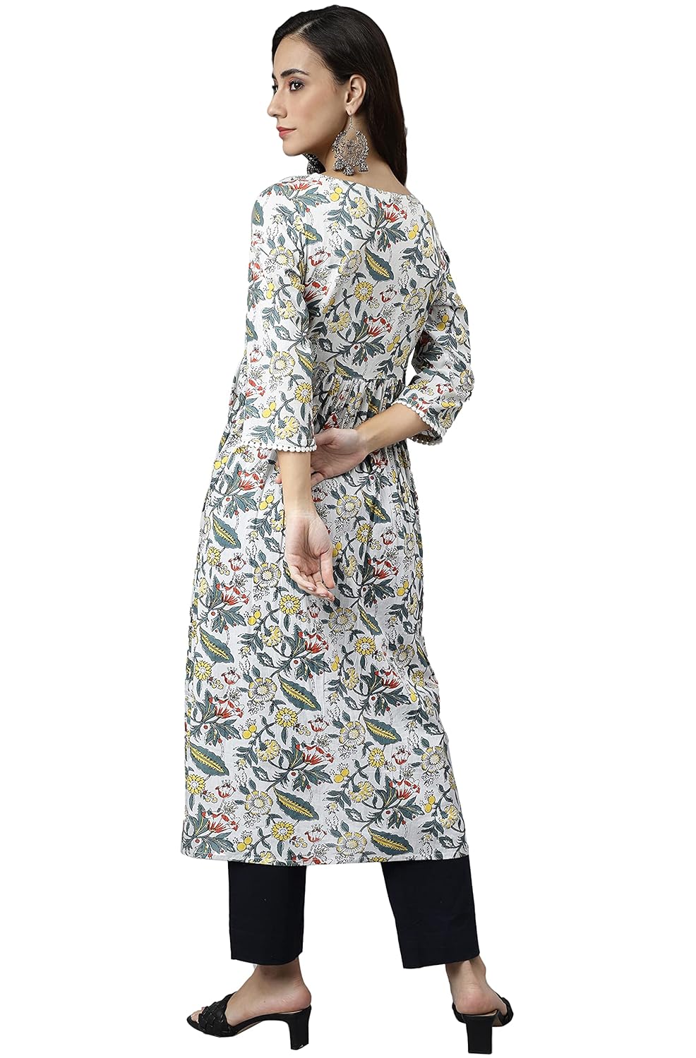 Janasya Women's White Cotton Floral Block Print Flared Kurta