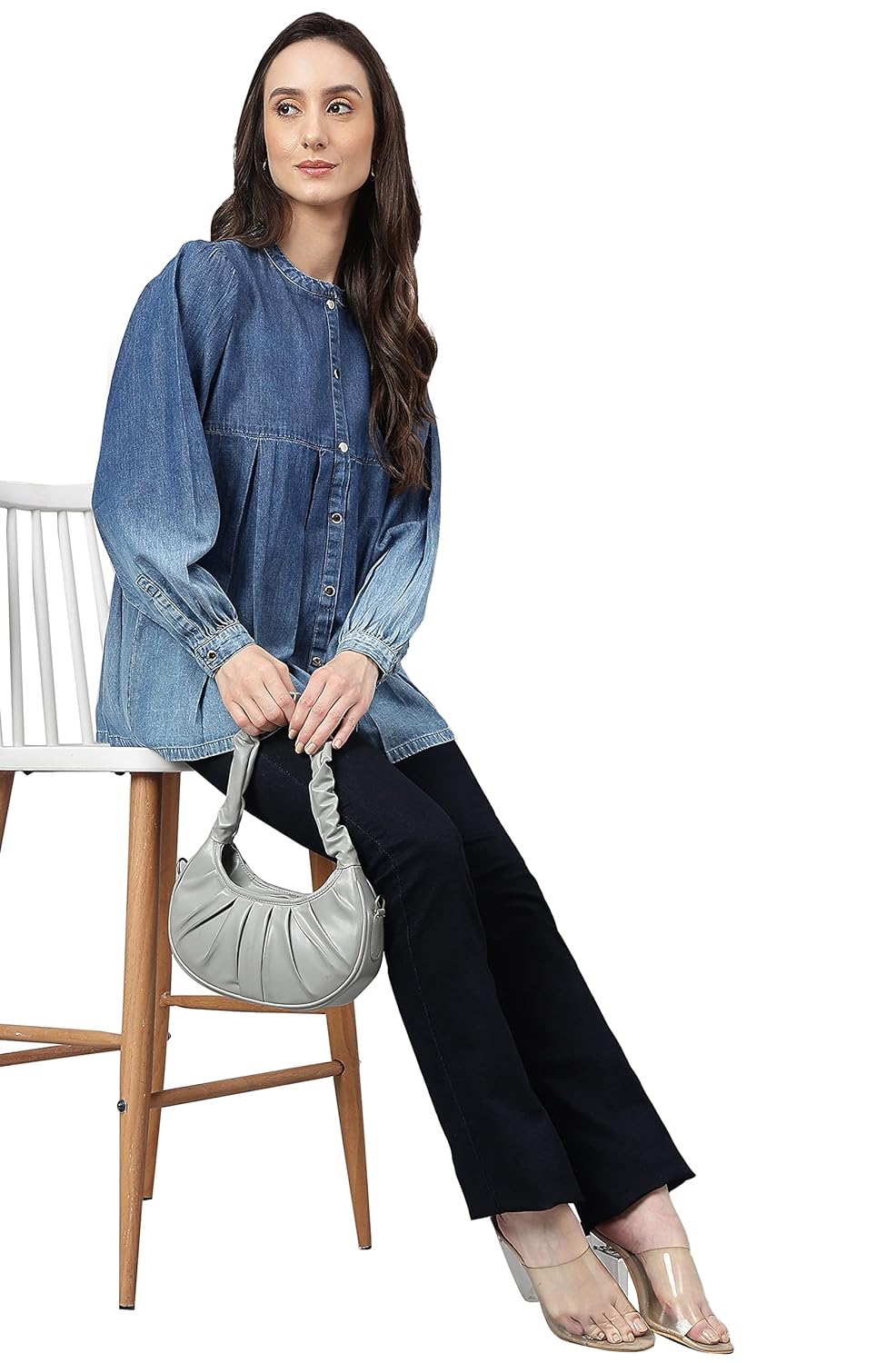 Janasya Women's Blue Denim Faded Flared Top