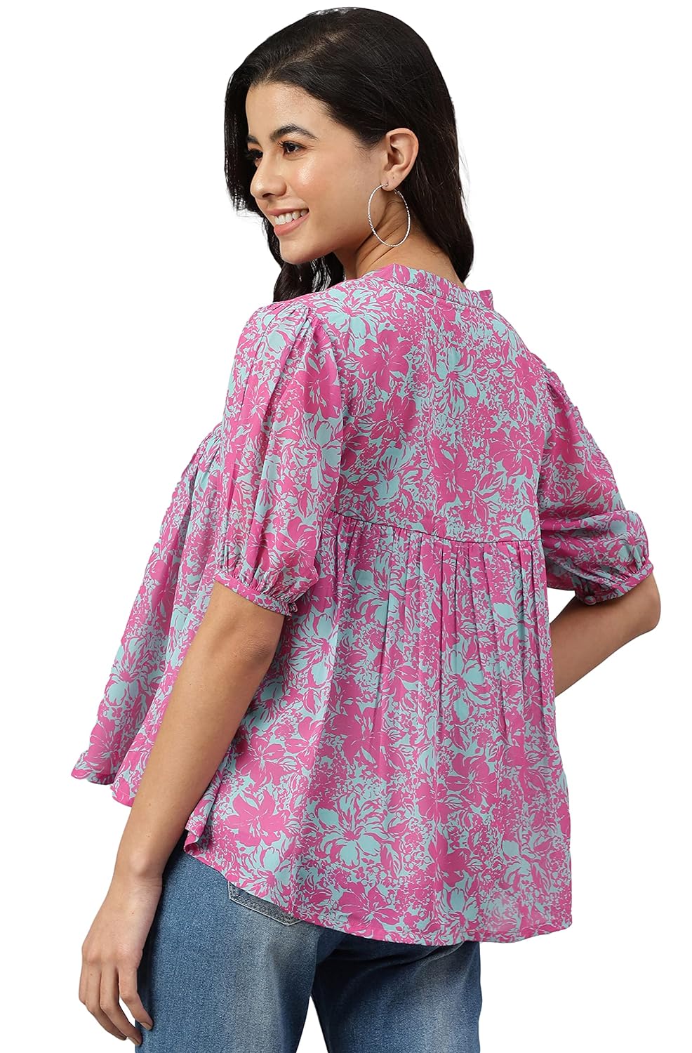 Janasya Women's Pink Georgette Digital Print Flared Top