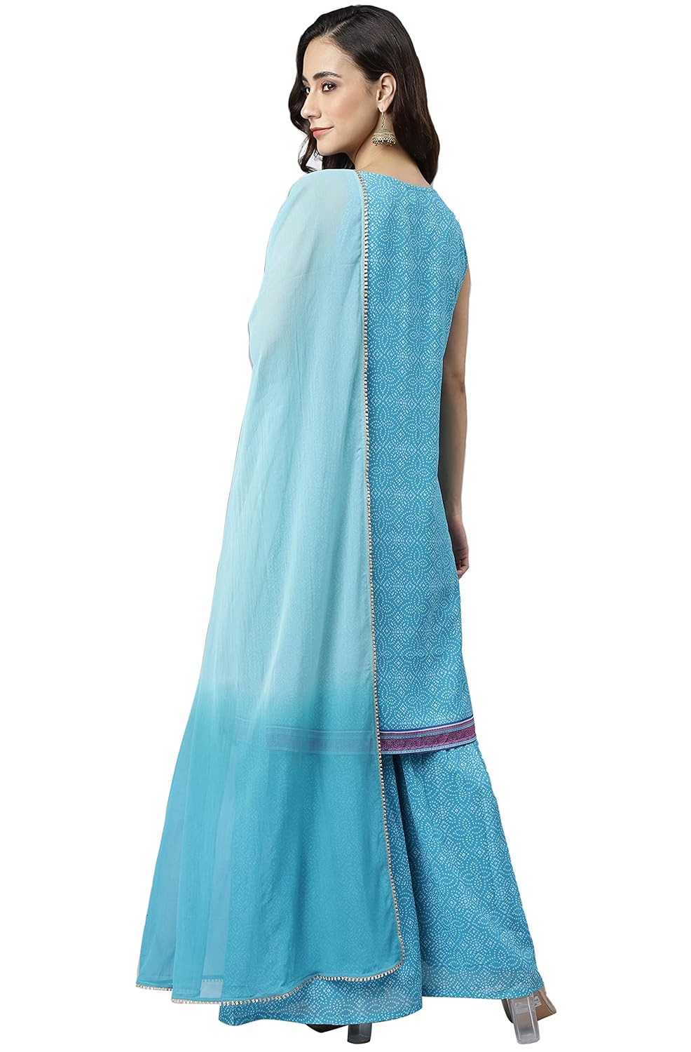 Janasya Women's Light Blue Georgette Bandhani Print Kurta with Sharara and Dupatta