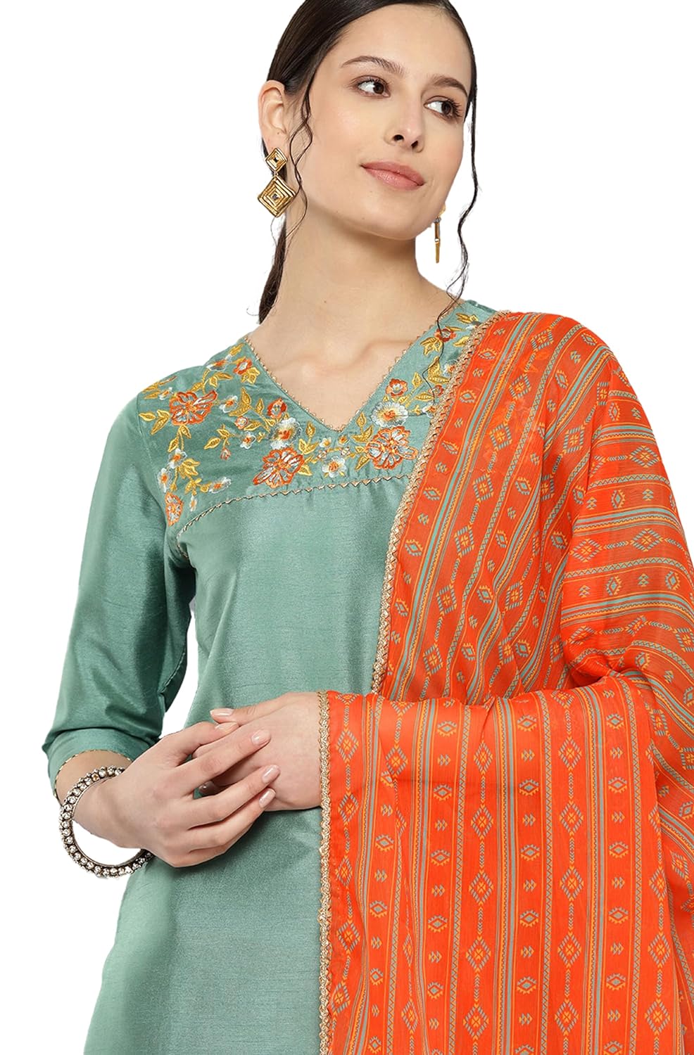 Janasya Women's Sage Green Crepe Silk Yoke Embroidered Solid Kurta with Pant and Dupatta