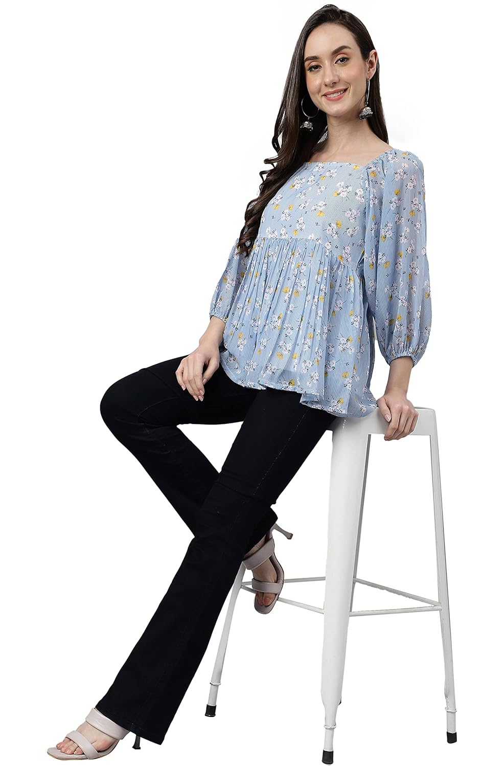 Janasya Women's Blue Georgette Floral Print Peplum Top