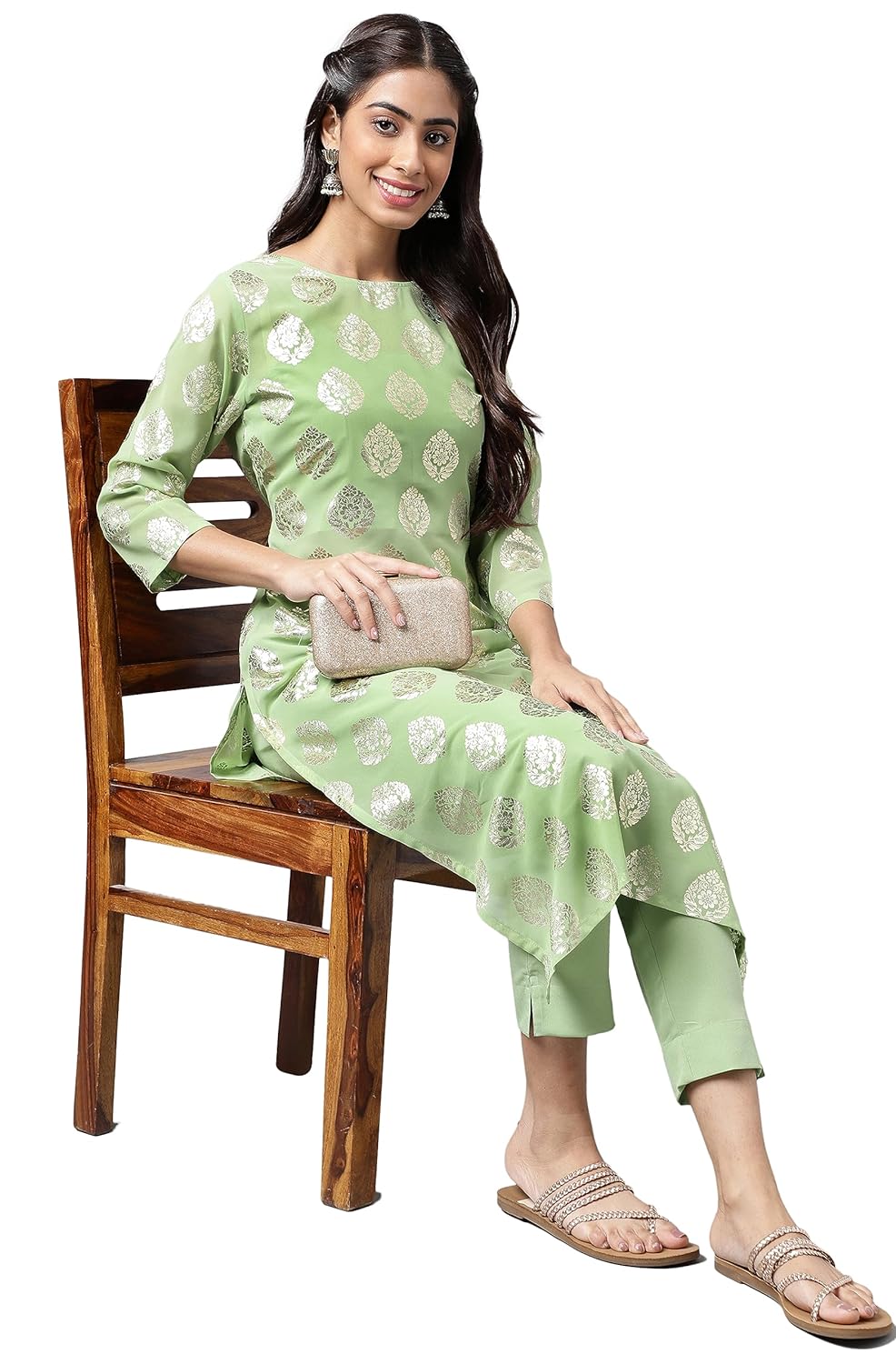 Janasya Women's Light Green Georgette Foil Printed Kurta with Pants and Crop top