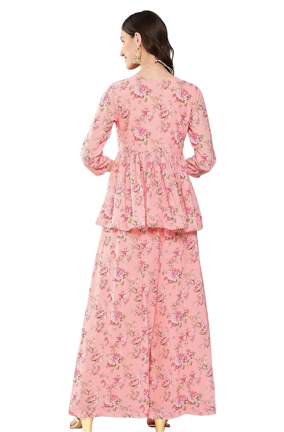 Janasya Women's Peach Georgette Digital Floral Printed Co-ords Set