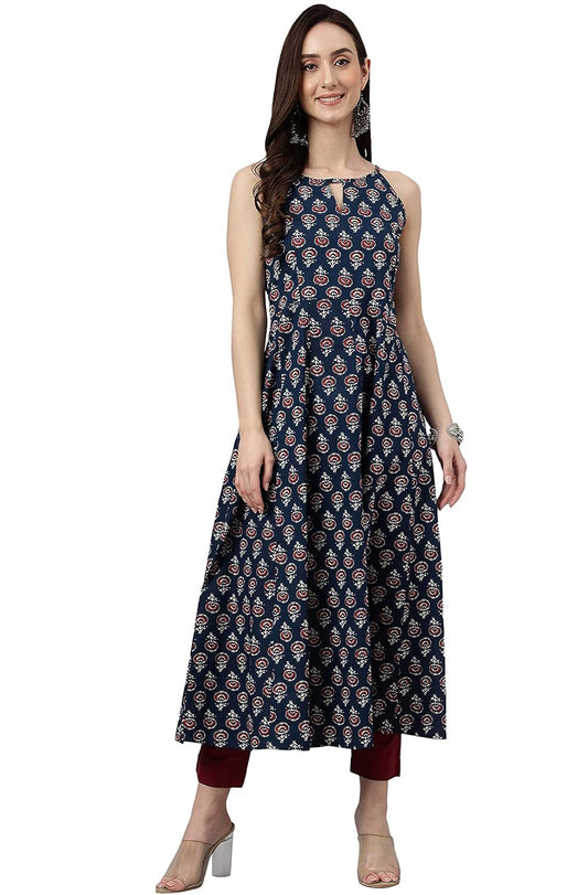 Janasya Women's Navy Blue Cotton Botanical Print Anarkali Kurta