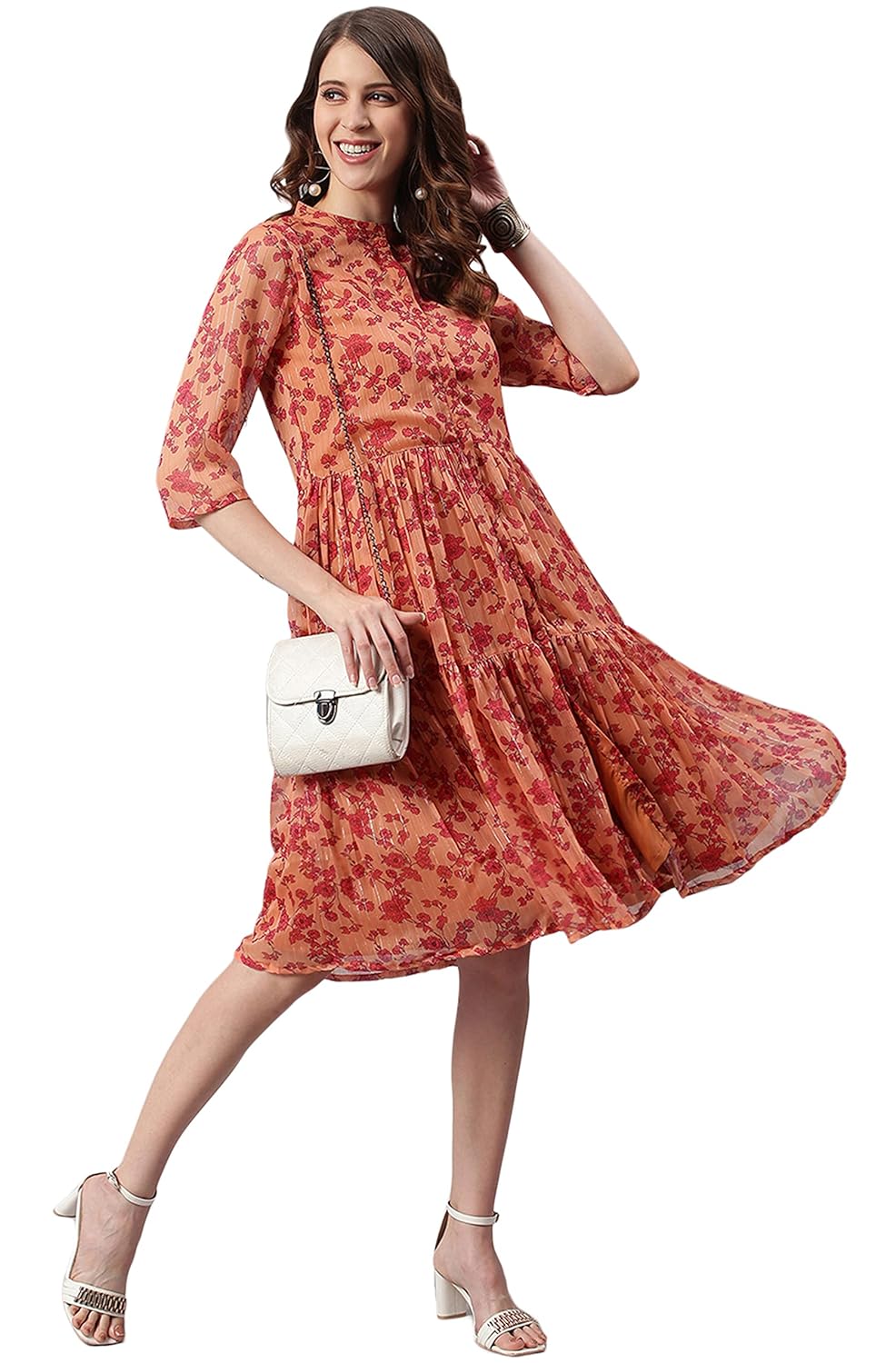 Janasya Women's Orange Poly Georgette Floral Flared Western Dress