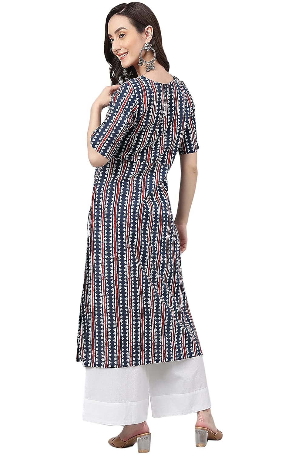 Janasya Women's Navy Blue Cotton Geometric Straight Kurta