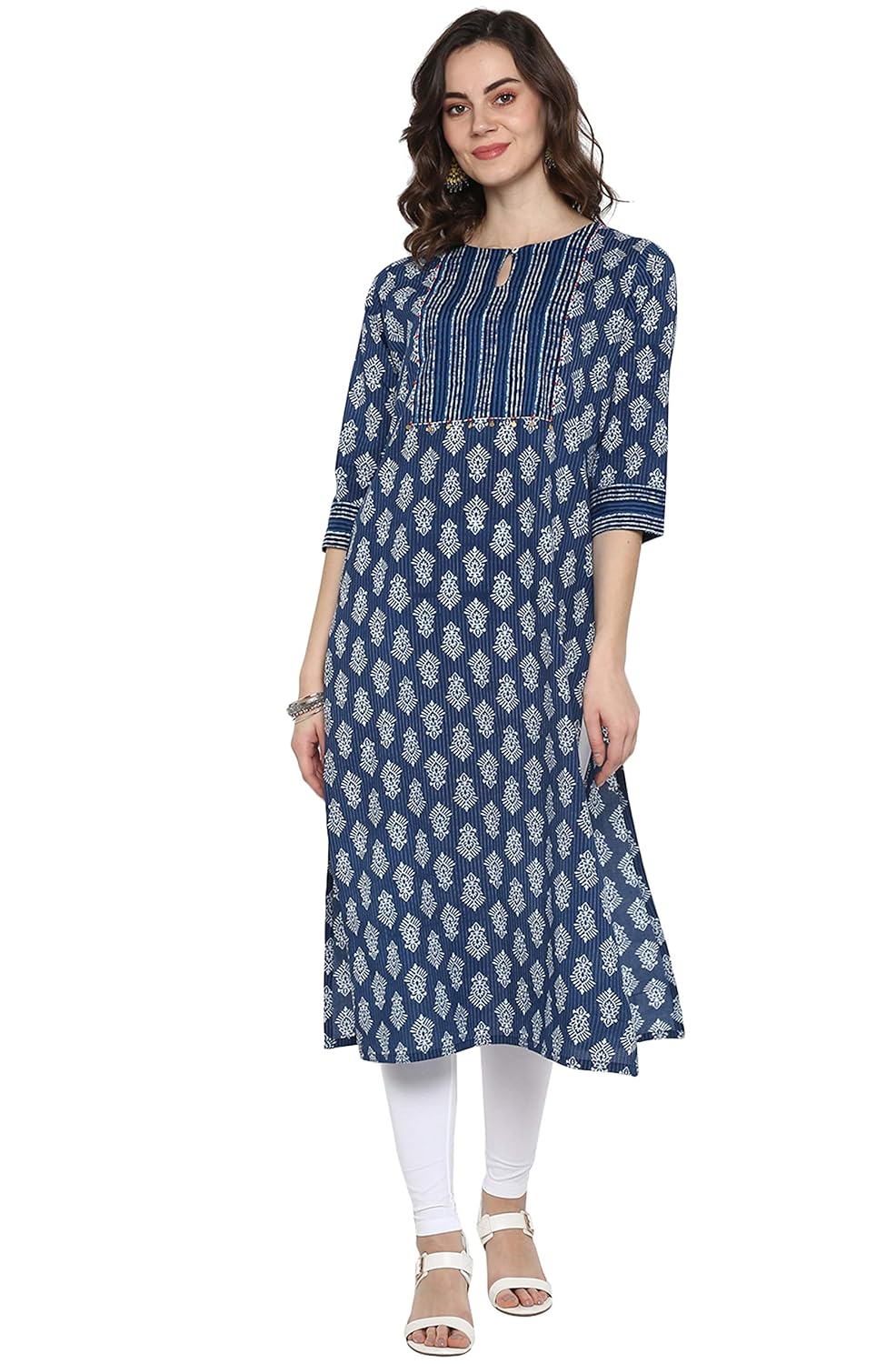 Janasya Women's Blue Pure Cotton Block Print Straight Kurta