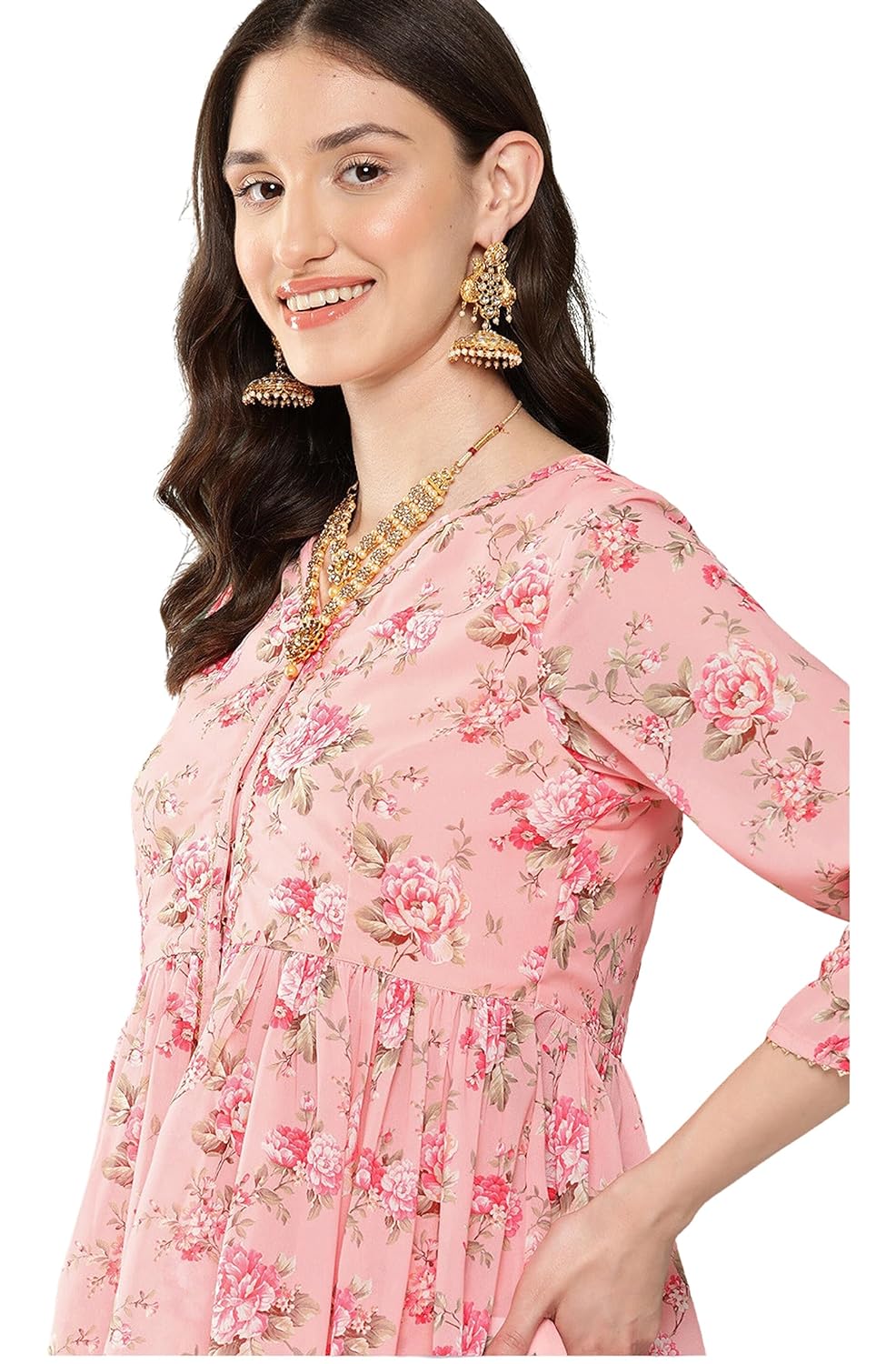Janasya Women's Peach Georgette Digital Floral Printed Co-ords Set