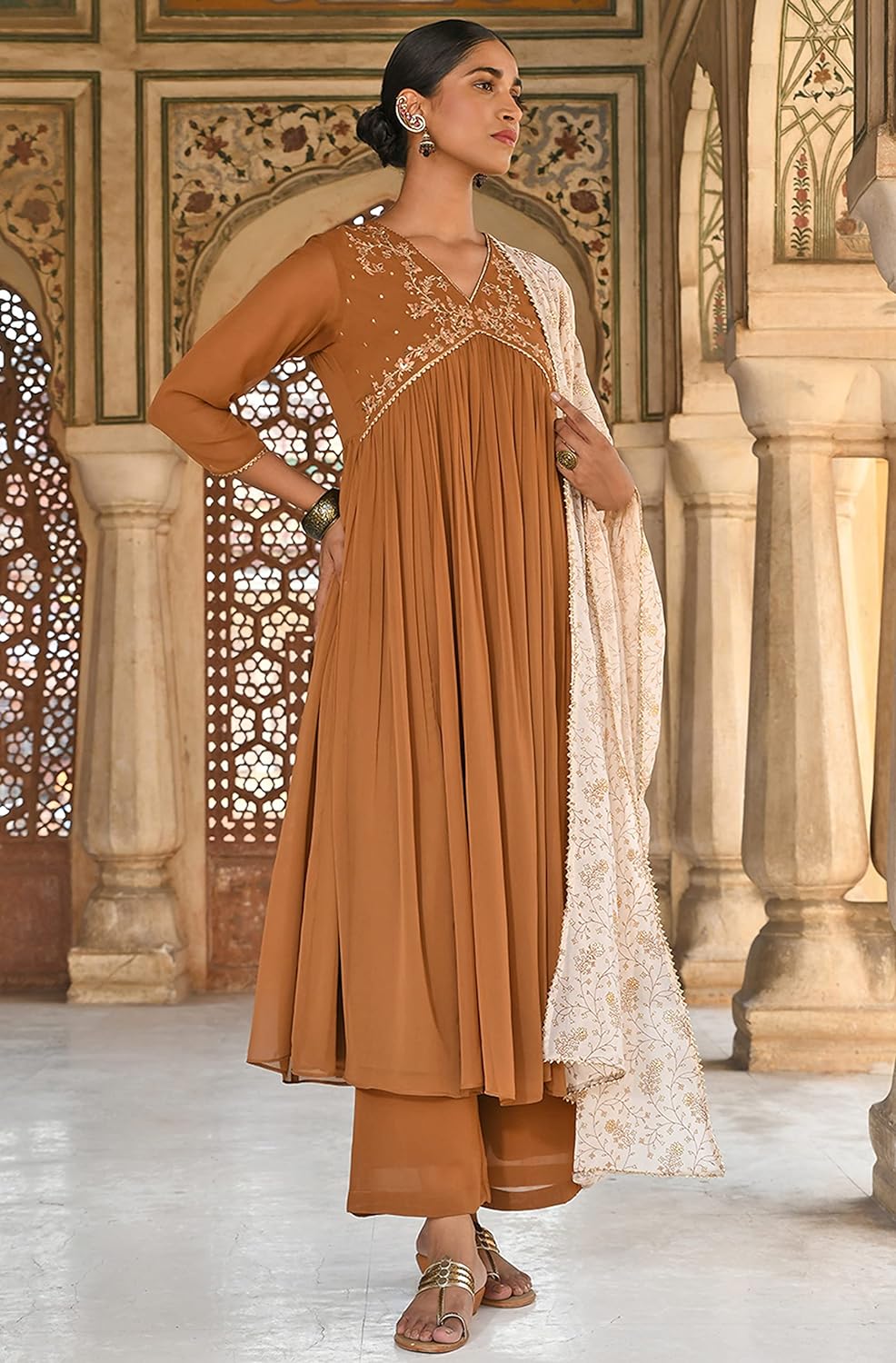 Janasya Women's Brown Georgette Floral Embroidery Kurta with Palazzo and Dupatta