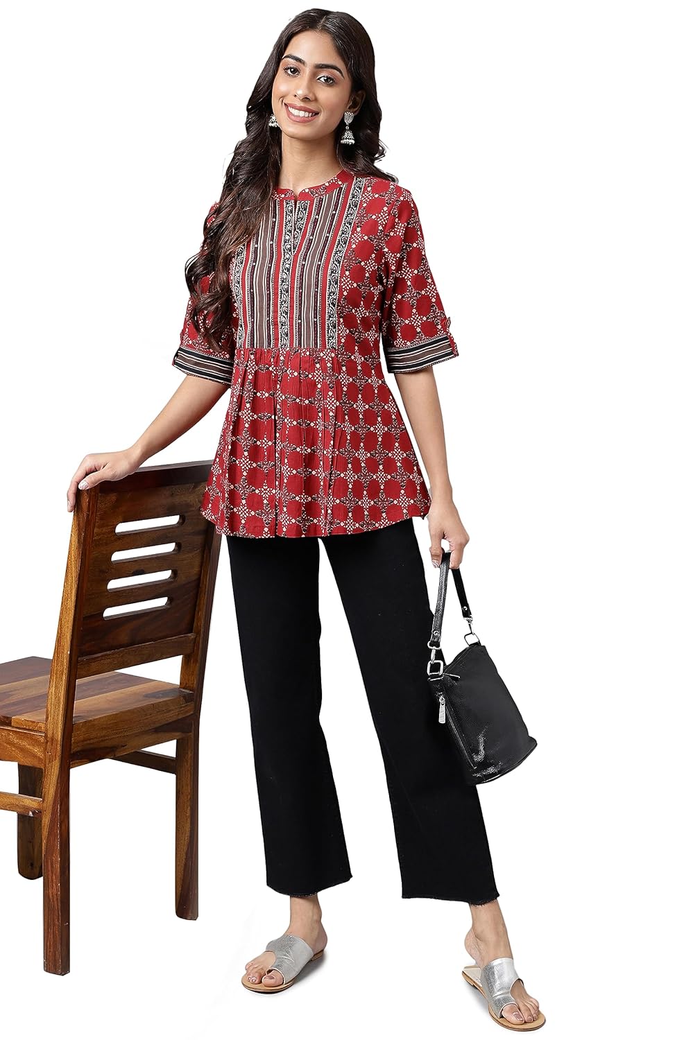 Janasya Women's Maroon Cotton Ethnic Motifs A-Line Top