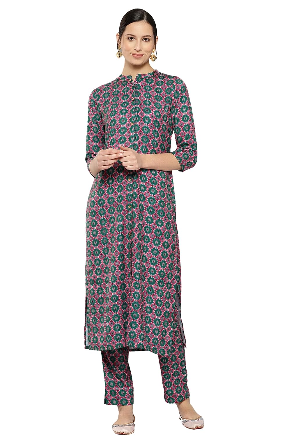 Janasya Women's Multicolor Moss Ethnic Motifs Kurta with Pant