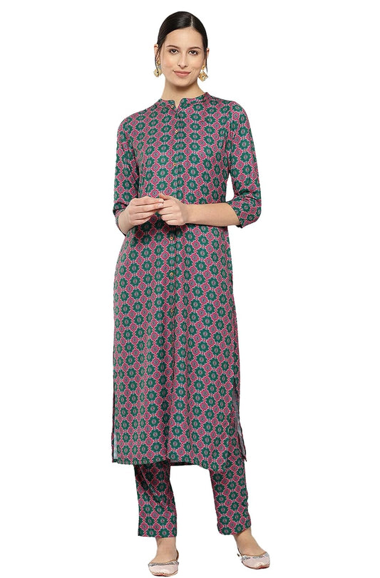 Janasya Women's Multicolor Moss Ethnic Motifs Kurta with Pant