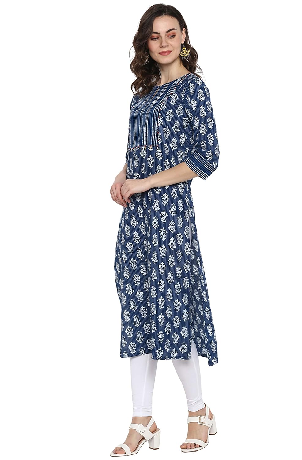Janasya Women's Blue Pure Cotton Block Print Straight Kurta