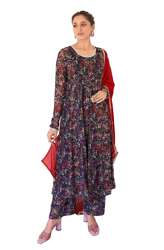 Janasya Women's Georgette Digital Floral Printed Embellished Kurta Set Navy Blue