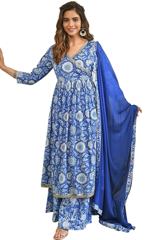 Janasya Women's Blue Cotton Floral Block Print Kurta with Flared Palazzo and Dupatta