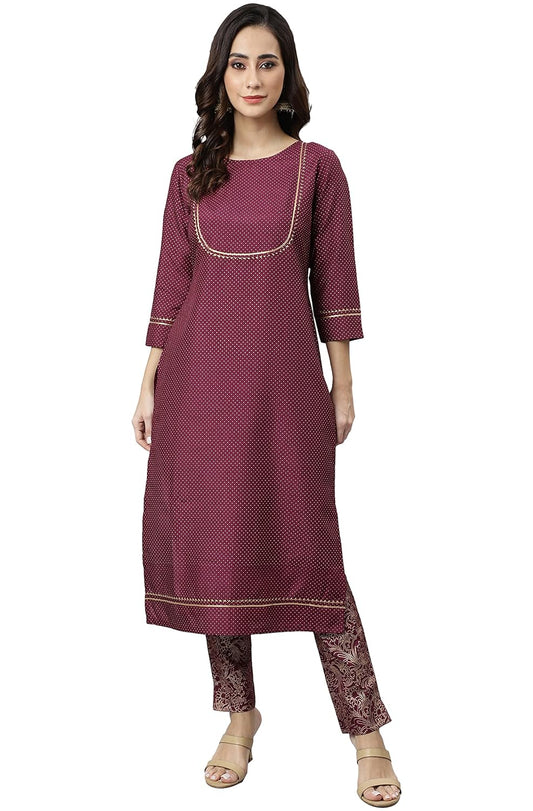Janasya Women's Wine Poly Silk Foil Print Kurta with Pant
