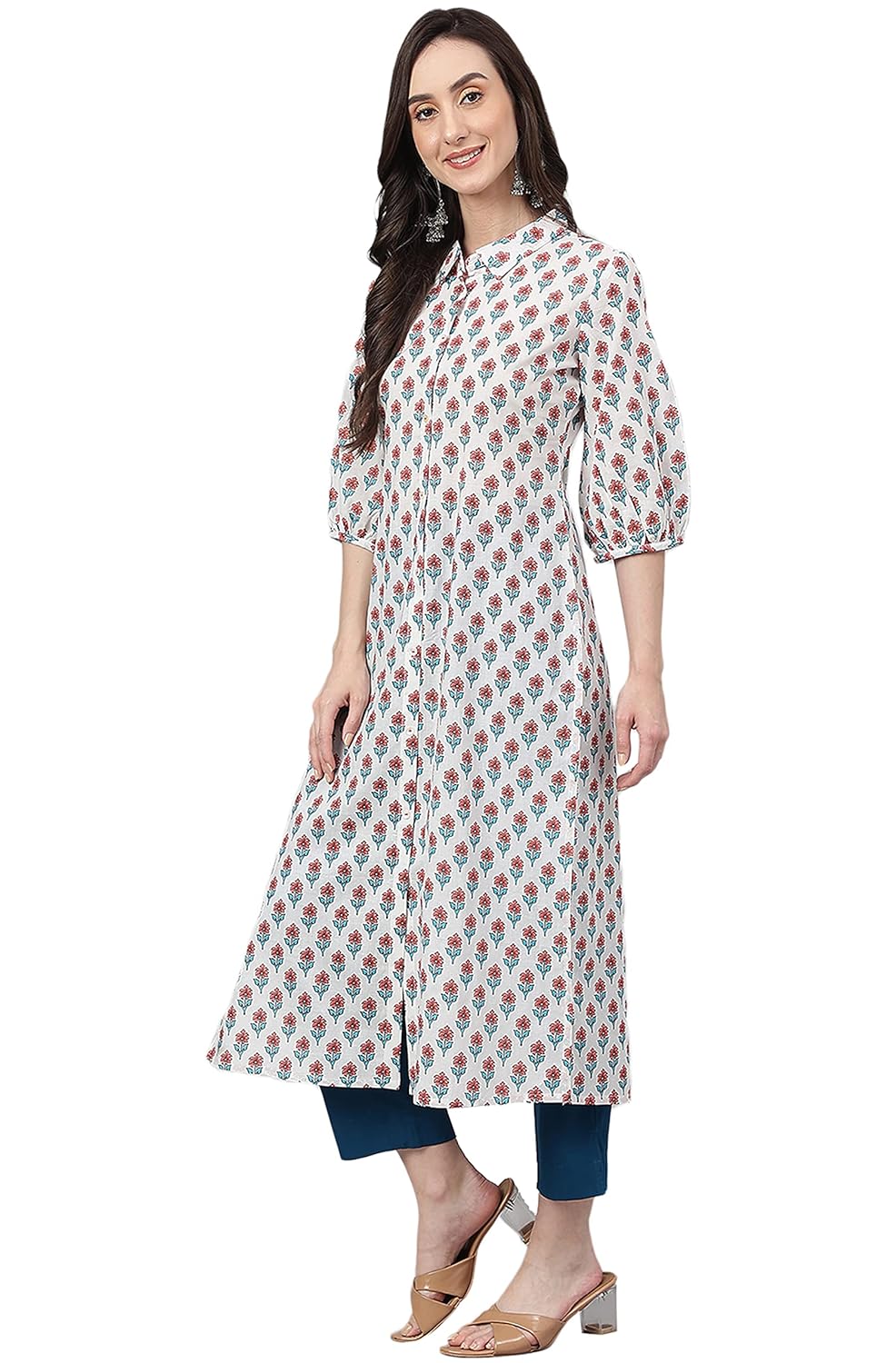 Janasya Women's White Cotton Floral Print Straight Kurta