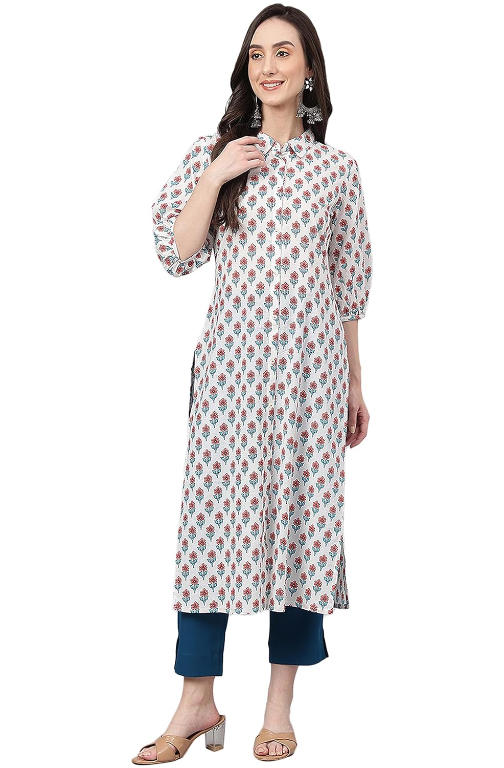 Janasya Women's White Cotton Floral Print Straight Kurta