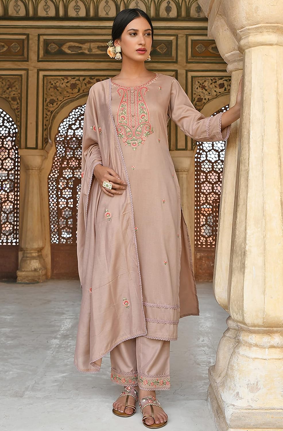 Janasya Women's Rose Gold Poly Silk Floral Embroidery Kurta with Pant and Dupatta