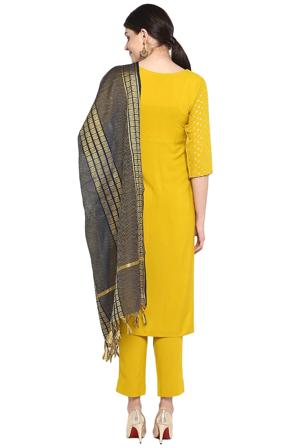 Janasya Women's Mustard Poly Crepe Gold Print Kurta with Pant and Dupatta