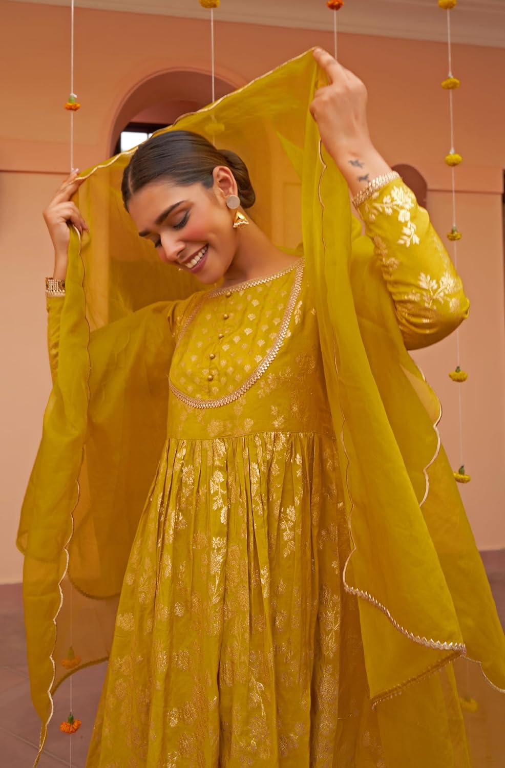 Janasya Women's Yellow Brocade Woven Design Kurta with Palazzo and Dupatta