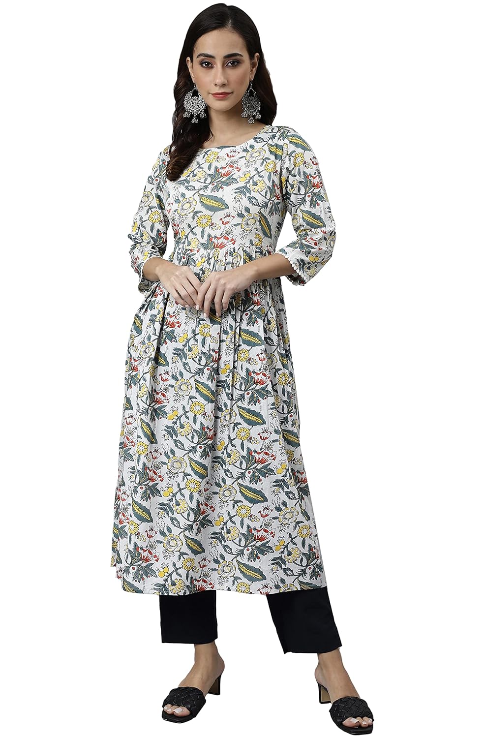 Janasya Women's White Cotton Floral Block Print Flared Kurta