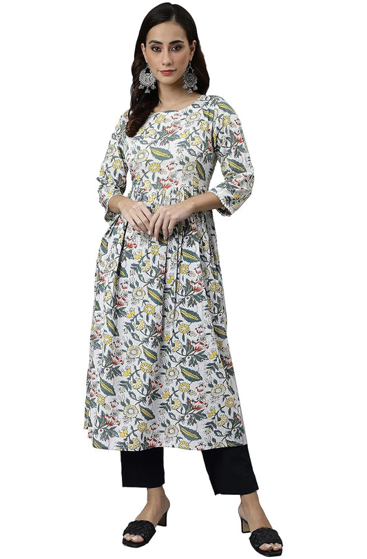 Janasya Women's White Cotton Floral Block Print Flared Kurta