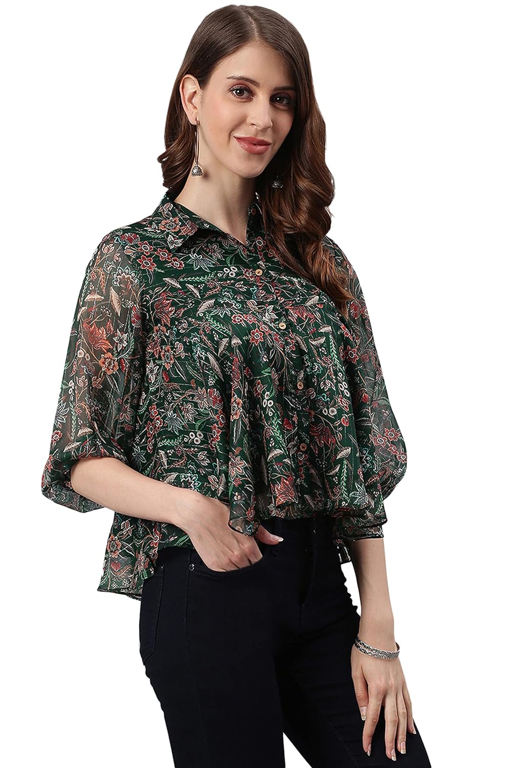 Janasya Women's Green Poly Georgette Floral Print Regular Top