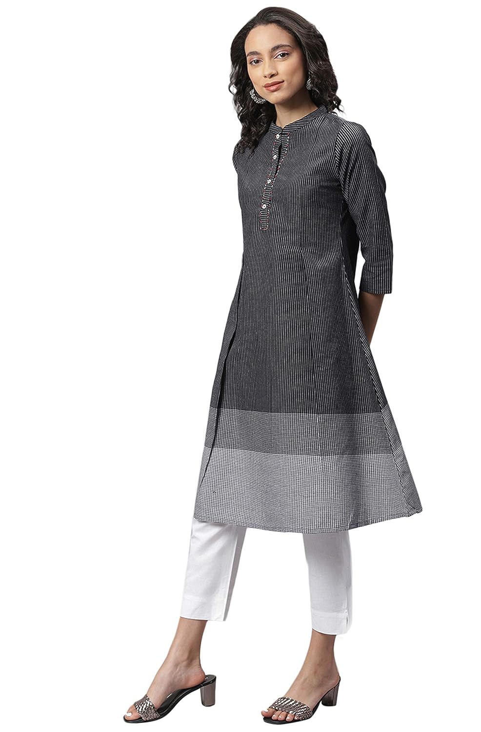 Janasya Women's Black Cotton Kurta with Pocket