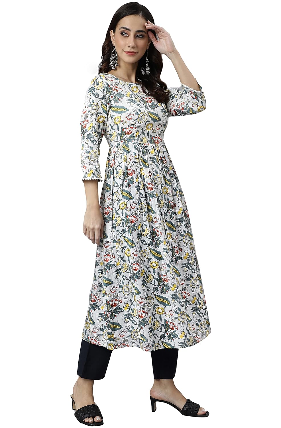 Janasya Women's White Cotton Floral Block Print Flared Kurta