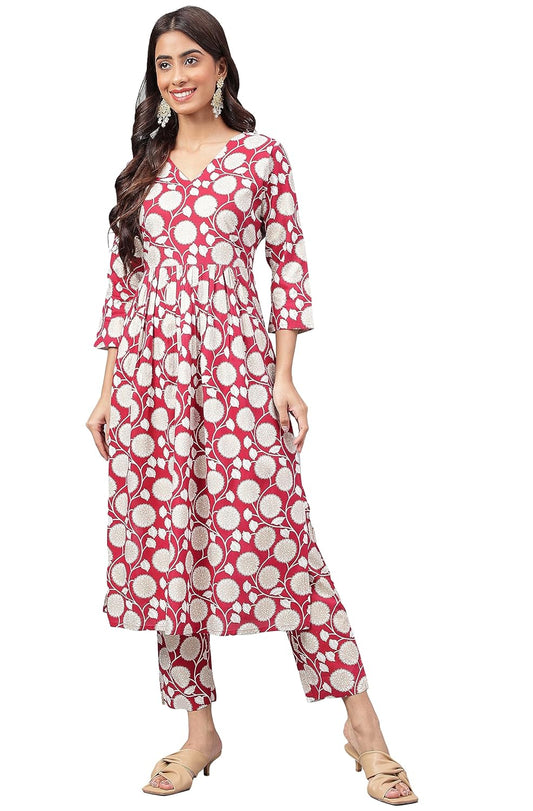 Janasya Women's Maroon Cotton Floral Printed Co-ords Set