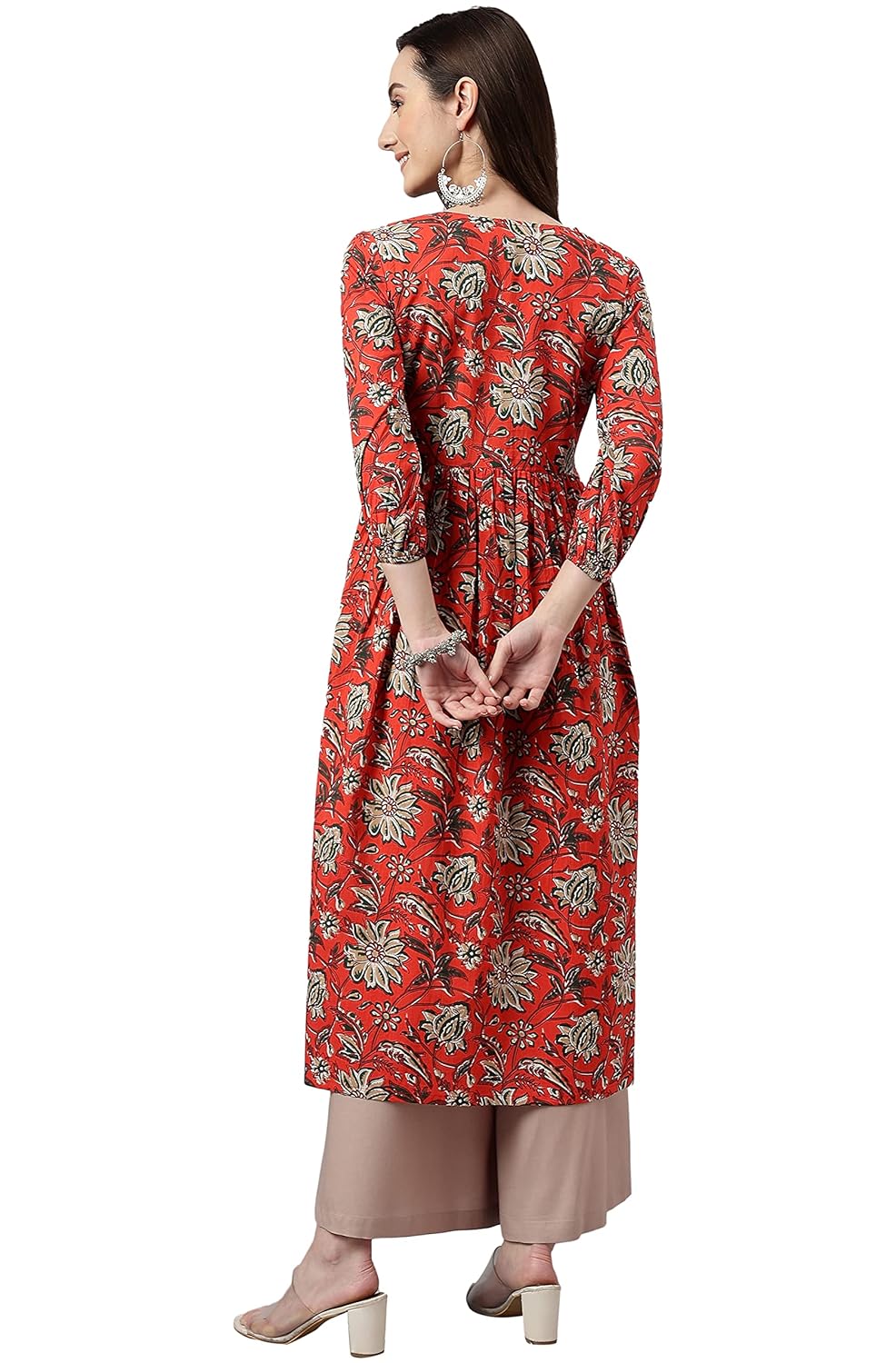 Janasya Women's Rust Orange Cotton Floral Print Gathered Kurta