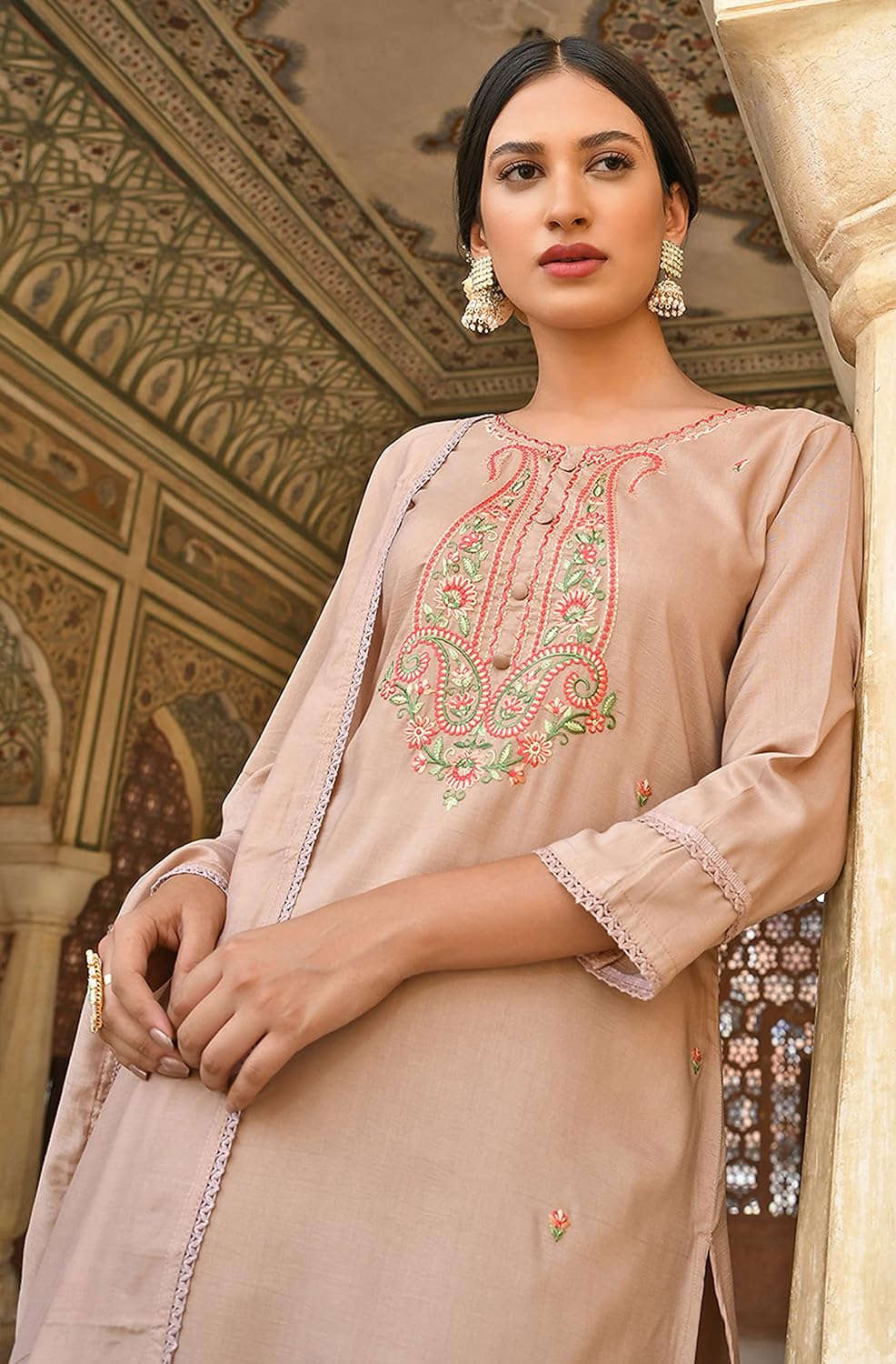 Janasya Women's Rose Gold Poly Silk Floral Embroidery Kurta with Pant and Dupatta