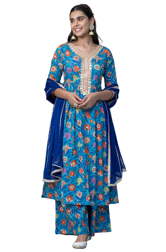 Janasya Women's Sky Blue Cotton Embellished Ethnic Printed Kurta with Flared Palazzo and Dupatta