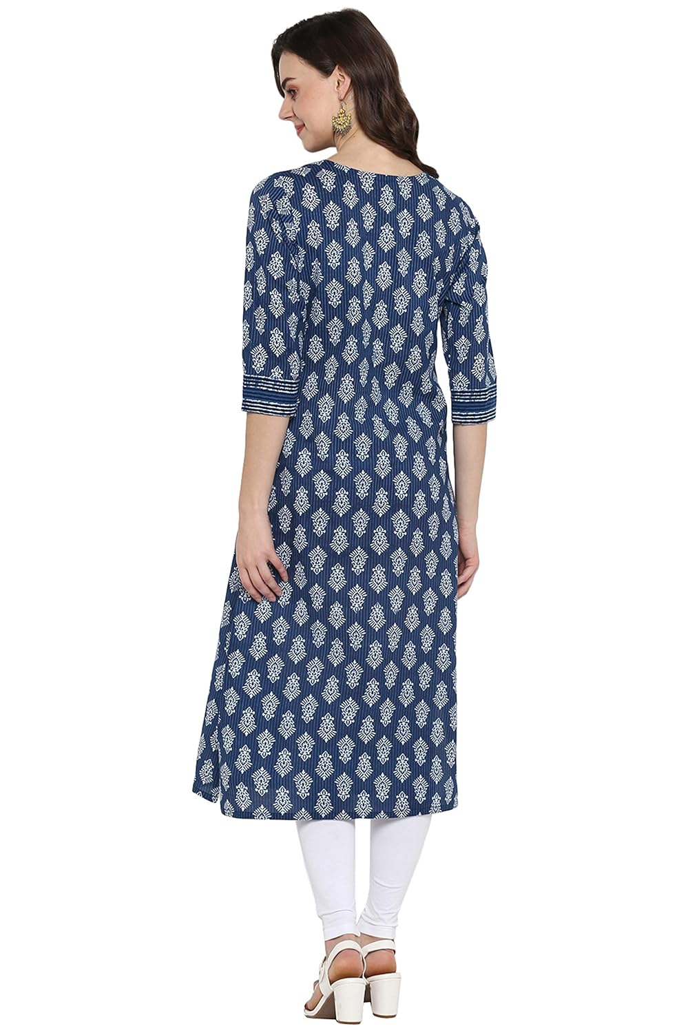 Janasya Women's Blue Pure Cotton Block Print Straight Kurta