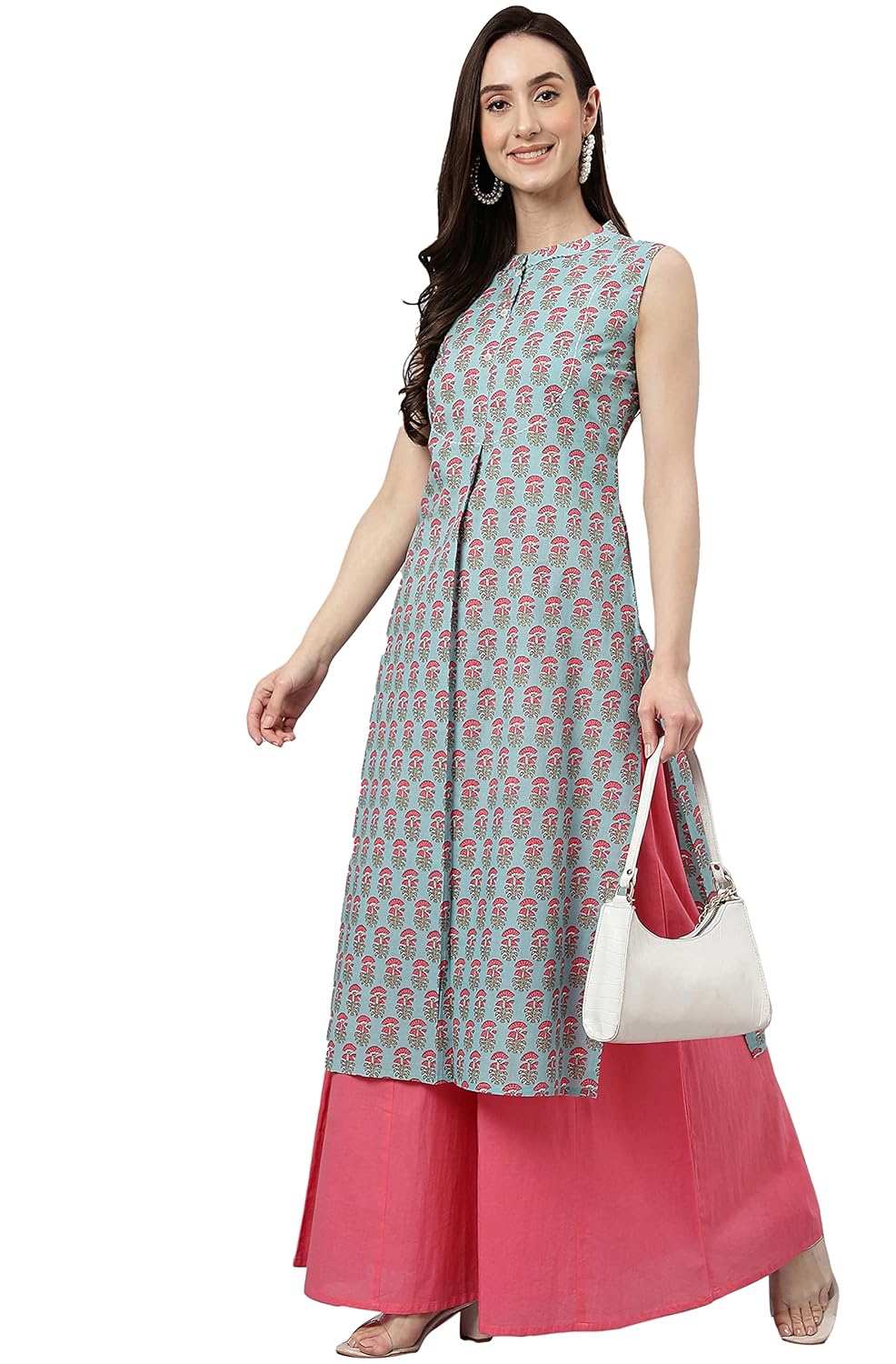 Janasya Women's Aqua Blue Cotton Block Print Straight Kurta