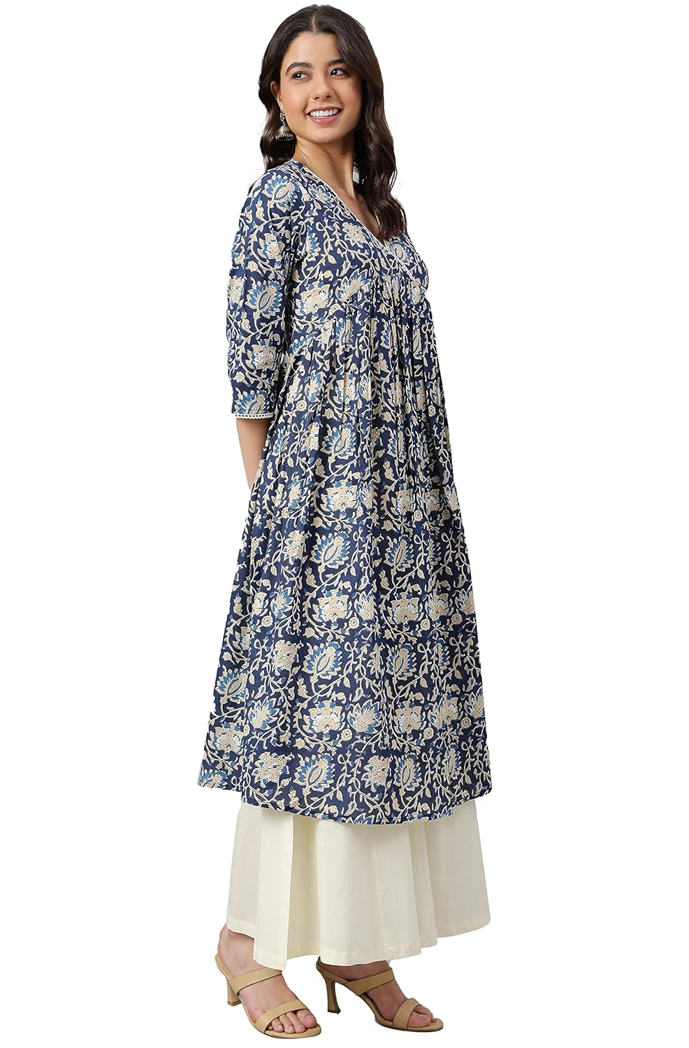 Janasya Women's Navy Blue Cotton Floral Print Flared Kurta
