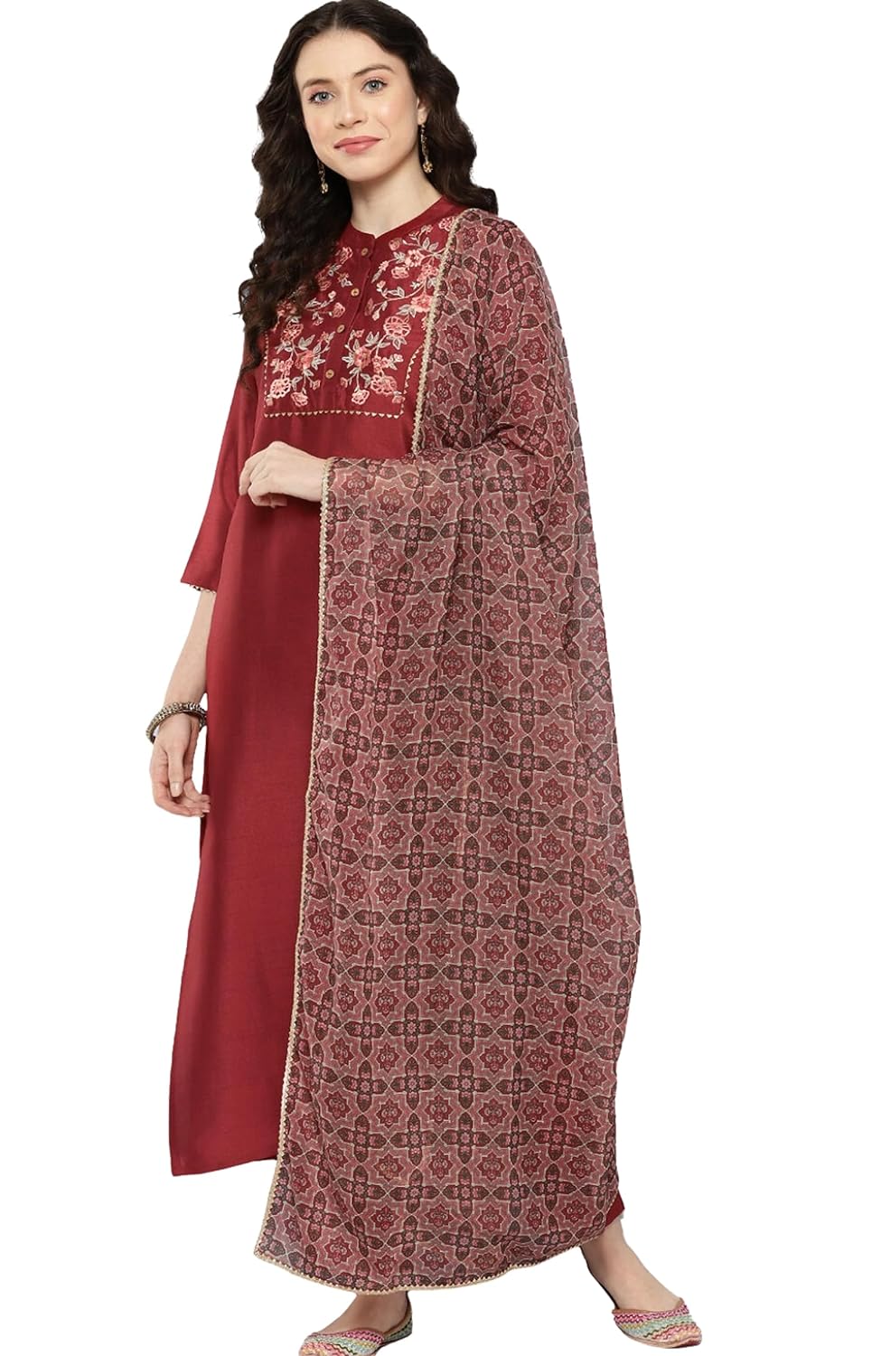 Janasya Women's Maroon Crepe Silk Yoke Embroidered Kurta with Pant and Dupatta