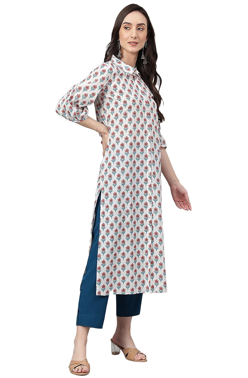 Janasya Women's White Cotton Floral Print Straight Kurta