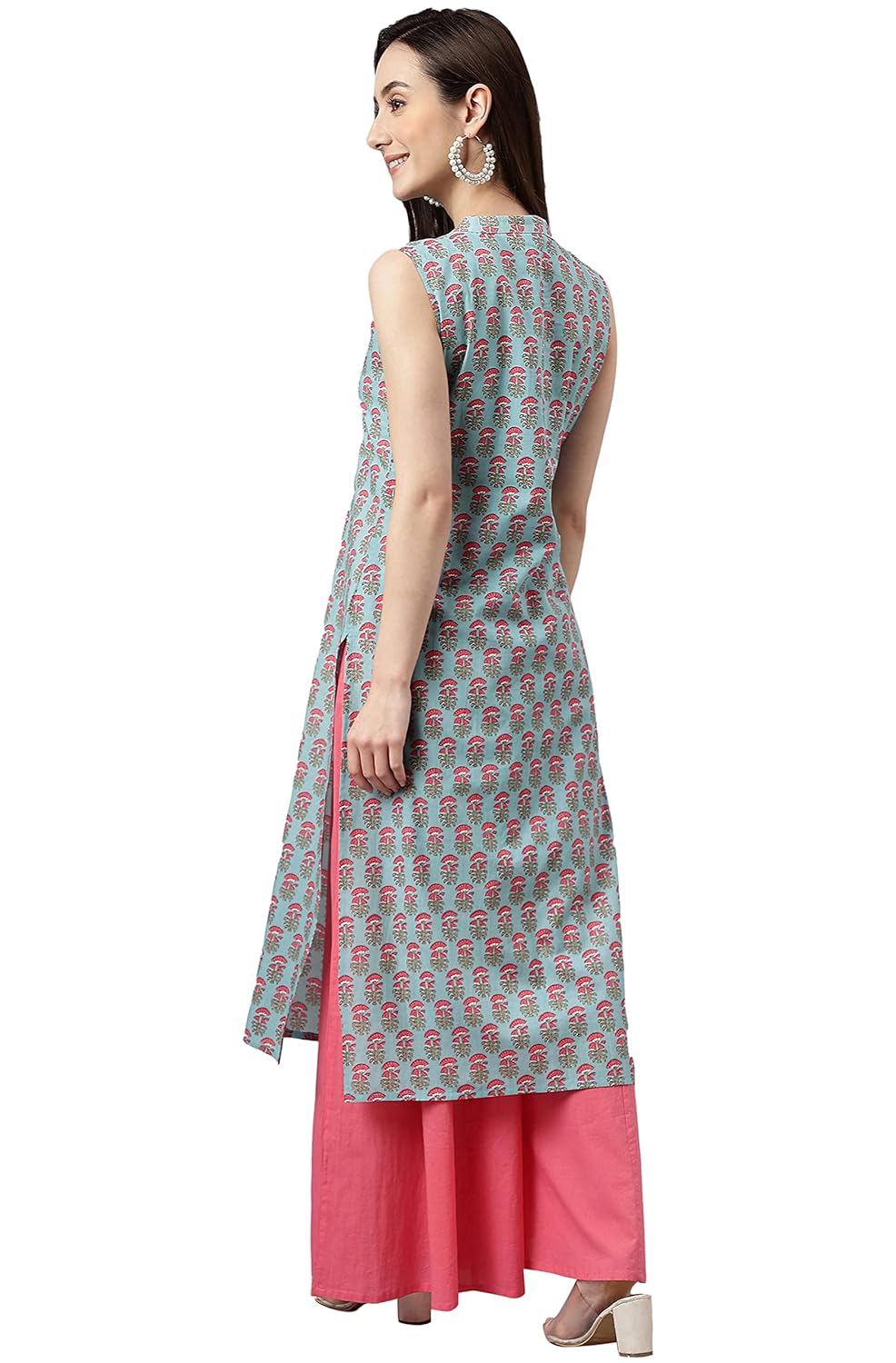 Janasya Women's Aqua Blue Cotton Block Print Straight Kurta