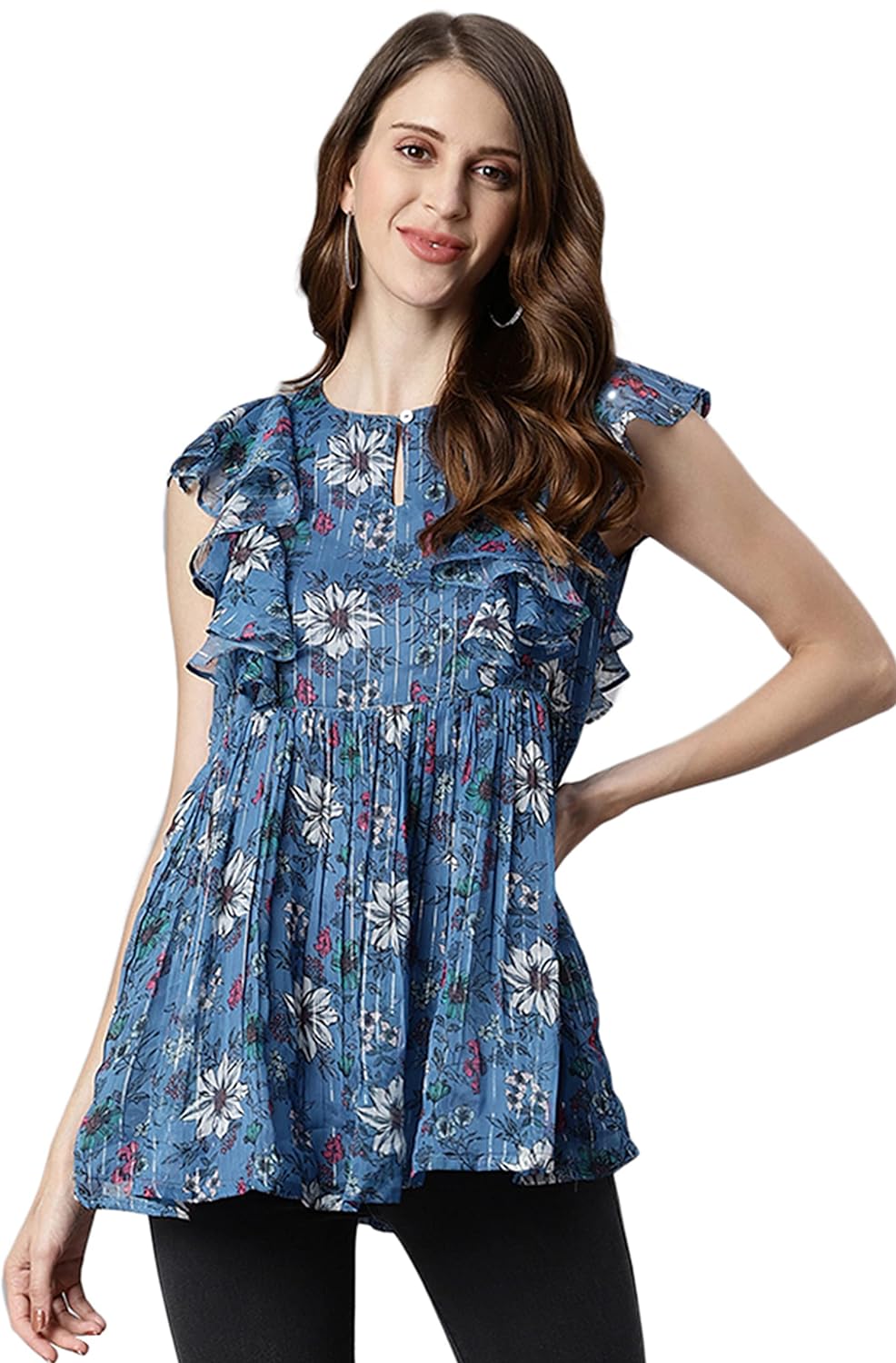 Janasya Women's Blue Floral Print Poly Georgette Top