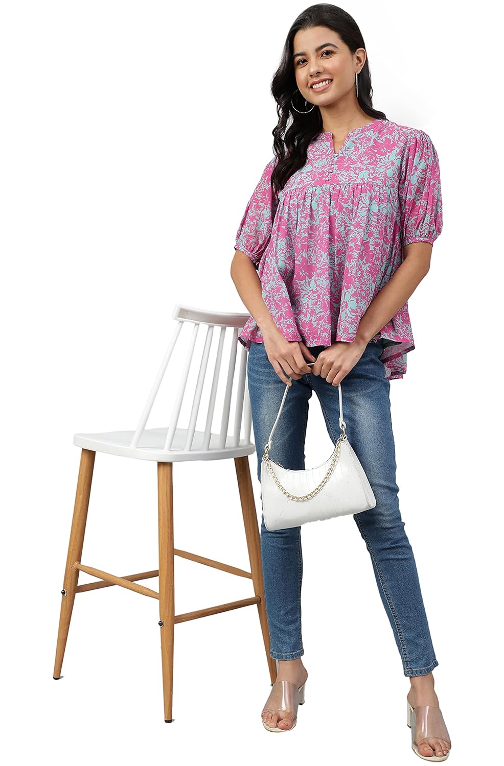 Janasya Women's Pink Georgette Digital Print Flared Top