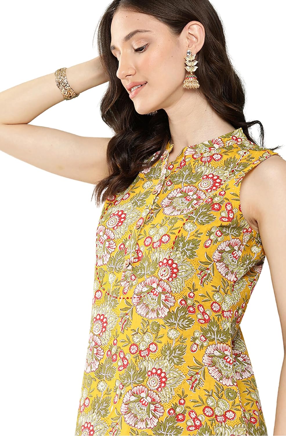 Janasya Women's Yellow Cotton Floral Printed Straight Kurta